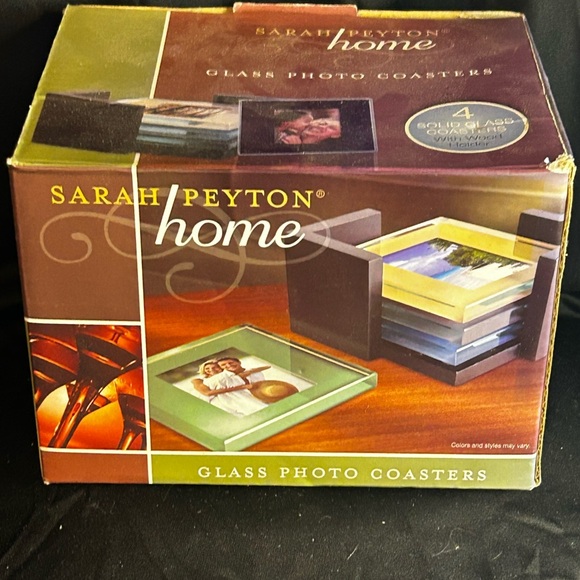 VTG Sarah Payton 2010 4 Colorful Solid Glass Photo Coasters w/Black Wood Holder - Picture 5 of 12